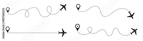 The flight path of the aircraft from the point of location along the dotted line. Flight route from a waypoint with an airplane silhouette. Vector elements
