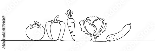 Continuous one line drawing of set of vegetables. One line drawing illustration of set of ripe vegetables. Vegetables, Fresh vegetables concept line art. Editable outline