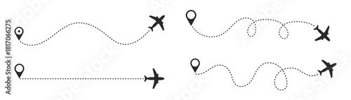 The flight path of the aircraft from the point of location along the dotted line. Flight route from a waypoint with an airplane silhouette. Vector elements