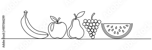 Line fruits on a white background. Continuous line echo pineapple banana, citrus fruit, pear and graphe, trends monoline healtii food. Editable stroke