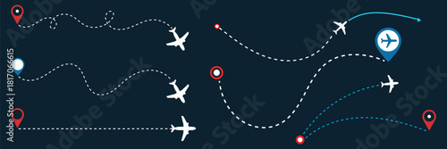 The flight path of the aircraft from the point of location along the dotted line. Flight route from a waypoint with an airplane silhouette. Vector elements