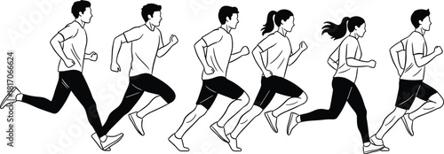 Running figure line art set with alternating genders in dynamic stride poses for fitness, motion, and athletic illustration design.Running figure line art set with alternating genders in dynamic strid