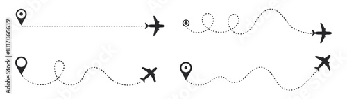 The flight path of the aircraft from the point of location along the dotted line. Flight route from a waypoint with an airplane silhouette. Vector elements
