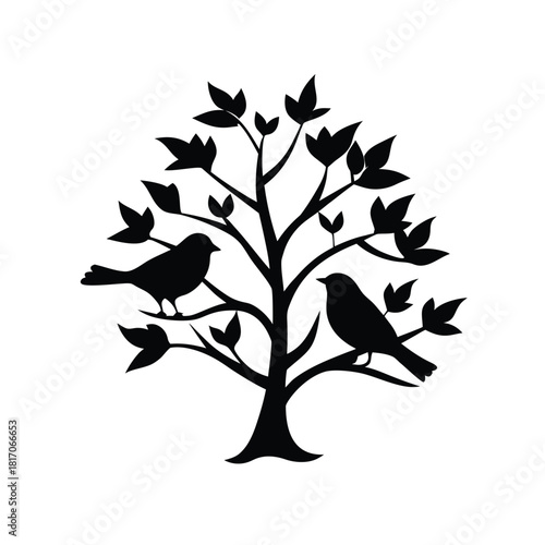 Birds sitting on tree branch with leaves silhouette vector isolated on white
