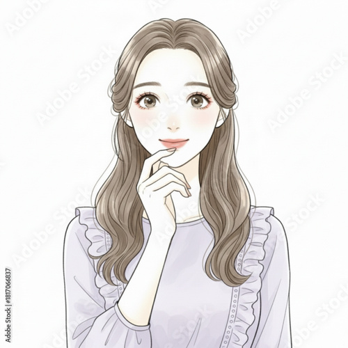 Illustration of a young woman with long wavy hair thinking with her finger on her chin isolated on white background