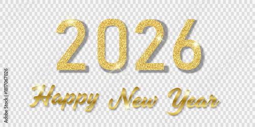 2026 Happy New Year glitter text greeting card. Holiday banner. Golden glitter number 2026 with congratulations ribbon is on podium with spotlights on dark background. Festive postcard. Vector illustr