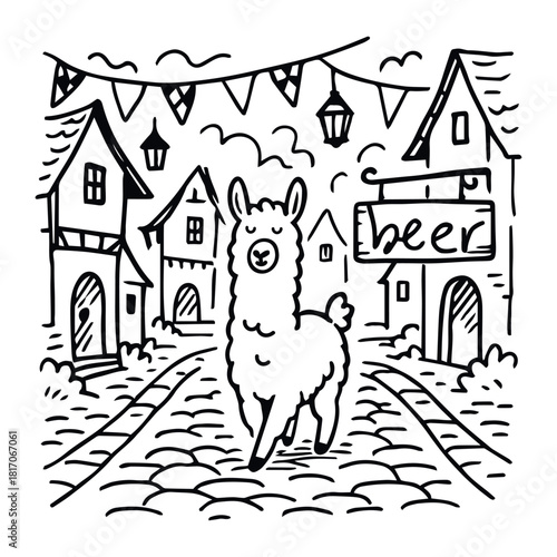 Black-and-white cartoon illustration of festive village scene with llama, lanterns, banners, and beer sign