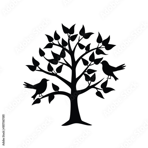 Silhouette of tree with birds perched on branches standing out against white