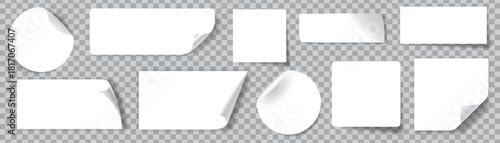 White stickers. Blank adhesive sticker with folded or curled corners. Realistic paper sticky notes in various shapes vector mockup as circle, rectangle, square clean tags or badge