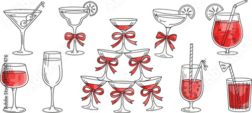 Hand Drawn Cocktail Glass Collection with Red Watercolor Splash, Wine, Champagne, Margarita, and Pyramid Stack, Celebration Drink Vector Illustration Set.