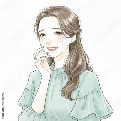 Beautiful woman crying with a smile isolated on white background