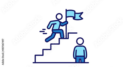 Business success concept with person climbing stairs holding flag in minimal line art