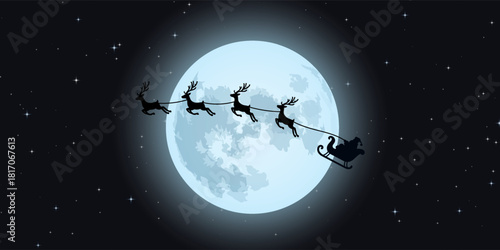 Santa Claus riding in his sleigh with reindeer in front of the full moon. Santa Claus rides in a sleigh in harness on the reindeer