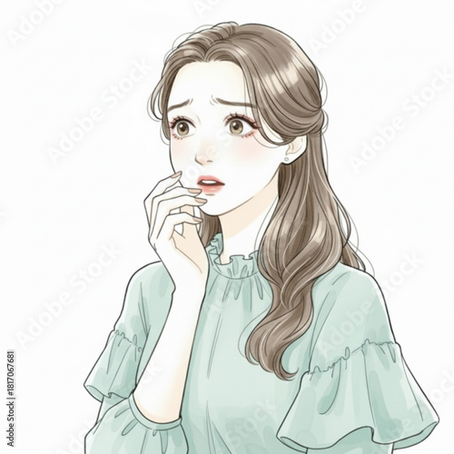 Anxious young woman with hand on her chin isolated on white background