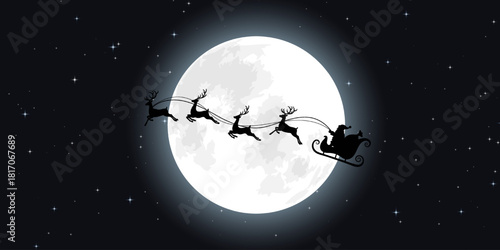 Santa Claus riding in his sleigh with reindeer in front of the full moon. Santa Claus rides in a sleigh in harness on the reindeer