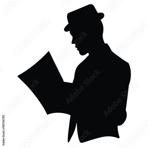 Silhouette of Man Reading Newspaper in Suit and Hat Looking at Information