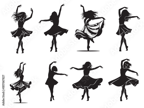 Dancing woman silhouette illustration different pose and dress style 