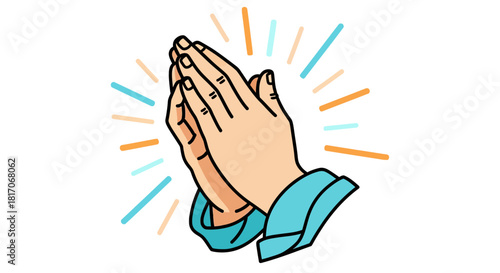 Colorful cartoon style praying hands with radiating lines for spiritual and mindful designs