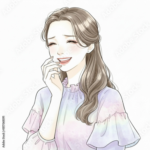 Beautiful young woman laughing with hand covering mouth isolated on white background