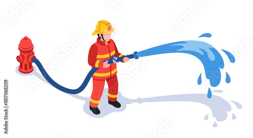 Firefighter in action: bold isometric design of life-saving hero with firehose