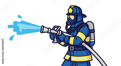 Cartoon firefighter extinguishing fire with hose in safety gear