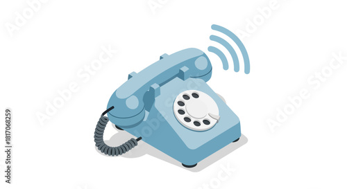 Vintage blue rotary dial telephone with signal waves on white background