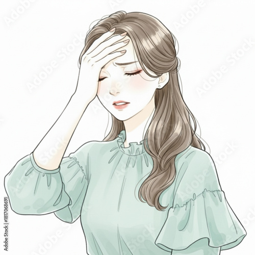 Young woman holding her forehead in pain or distress isolated on white background