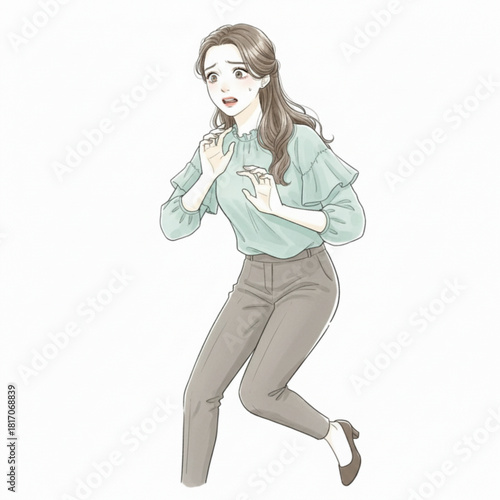 Woman reacting with fear and surprise isolated on white background