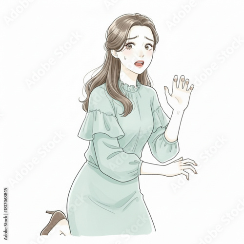 Young woman in a light green dress looking scared and holding up her hands isolated on white background