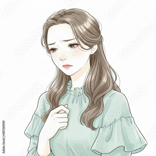 Sad young woman with brown hair looking down isolated on white background