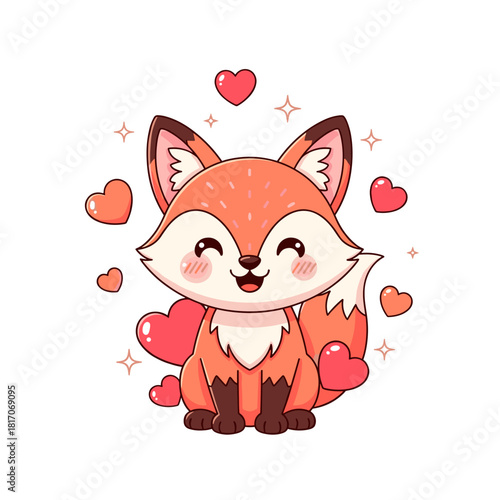 Cute cartoon fox smiling with hearts in a playful design on isolated background 