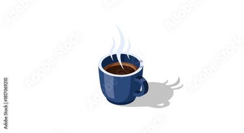 Isometric blue coffee mug with steam on white background