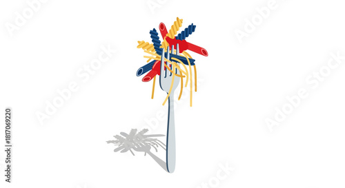 Colorful pasta on fork with shadow in minimalist style