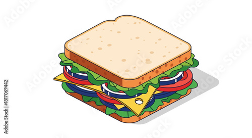 Isometric sandwich stack with cheese, lettuce, and tomato layers in 3d art style