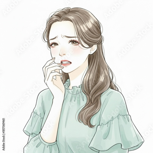 Illustration of a worried young woman biting her nails isolated on white background