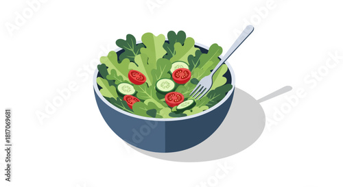 Fresh salad bowl with fork on white background: healthy eating in isometric style