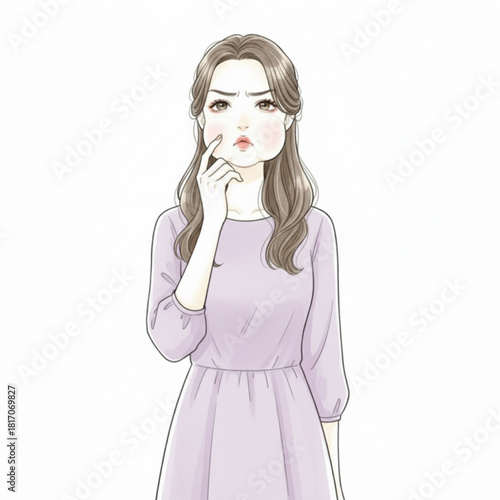 Young woman with puffed cheeks and a thoughtful expression isolated on white background