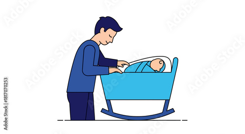 Father gently tucking baby to sleep in cradle in simple flat style