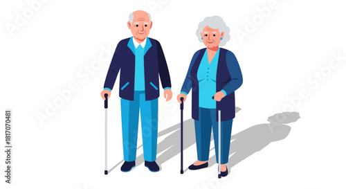 Elderly couple with walking sticks embracing life in flat style