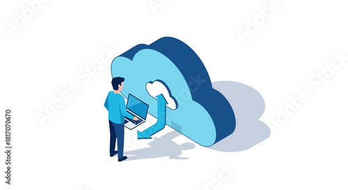 Cloud data synchronization concept with 3d isometric design and laptop