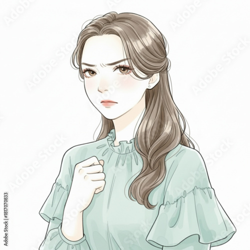 Anime style woman with angry expression clenched fist isolated on white background