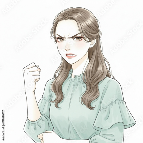 Angry woman showing fist isolated on white background