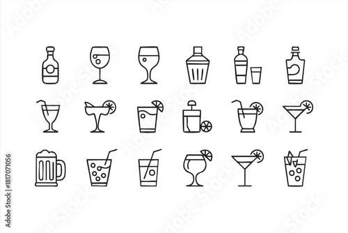 Minimal line art icons of martinis, coolers, and tropical drinks