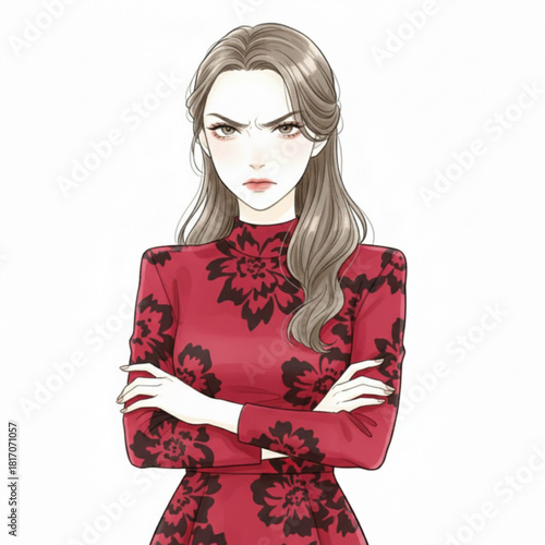 Illustration of a woman with an angry expression arms crossed isolated on white background
