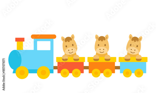カラフルな汽車に乗るかわいい馬のフラットデザインイラスト