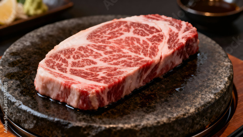 High-resolution close-up image of a premium, heavily marbled Wagyu beef steak placed on a hot stone grill. The raw steak displays intricate fat marbling patterns, highlighting its tenderness and luxur