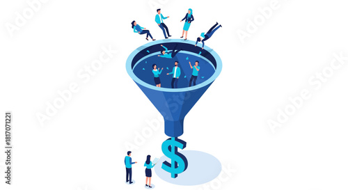 Isometric team collaboration funnel with dollar symbol in blue tones