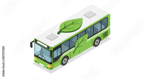 Eco-friendly green bus with leaf motif in isometric design for sustainable transport