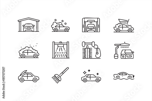 Modern thin-line car wash vector elements for commercial design projects