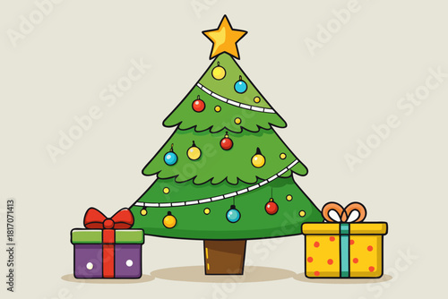 A festive cartoon christmas tree adorned with ornaments and surrounded by colorful gift boxes ready for the holidays